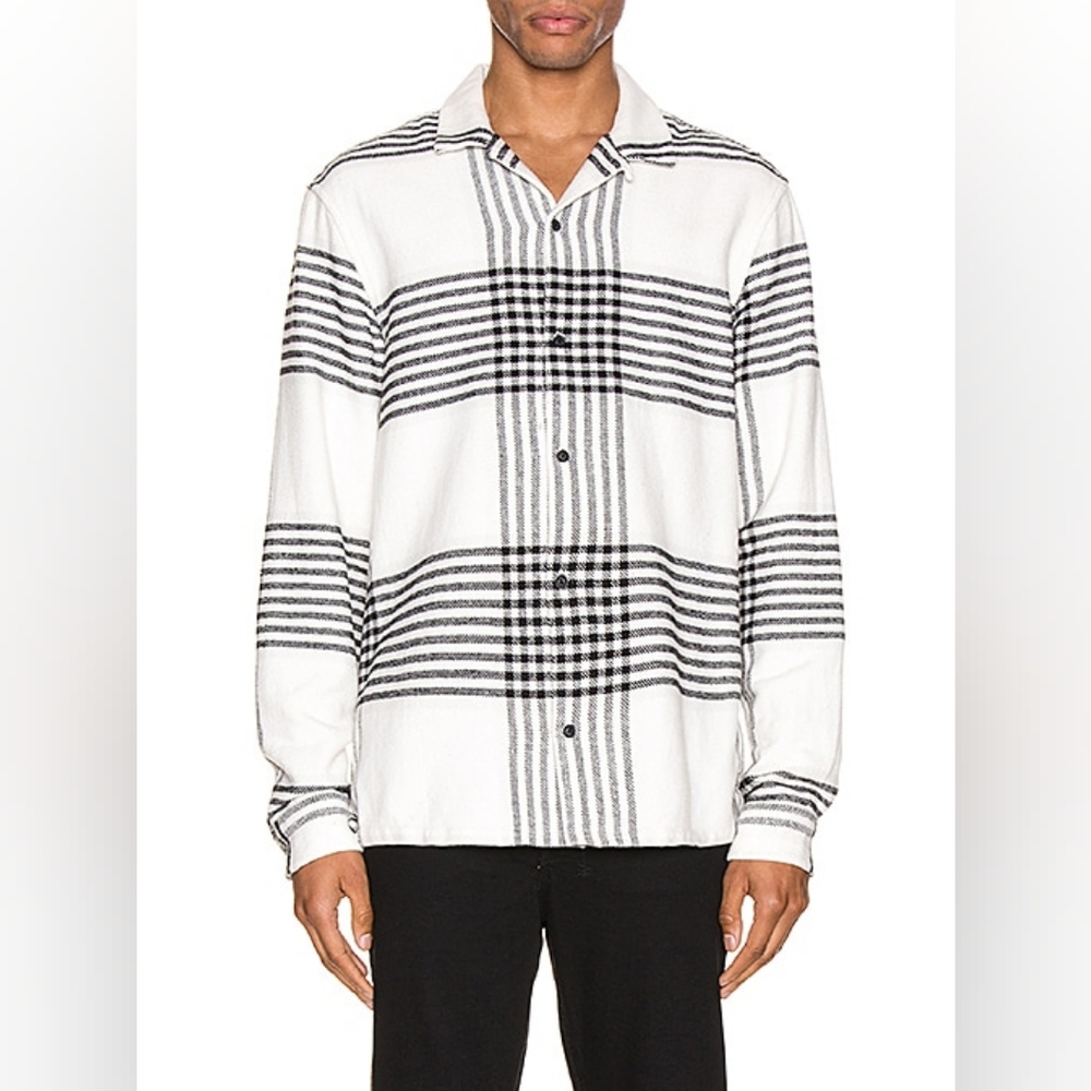 All Saints Modello Slim Fit Plaid Button Down Shirt Ecru White Black - Size L